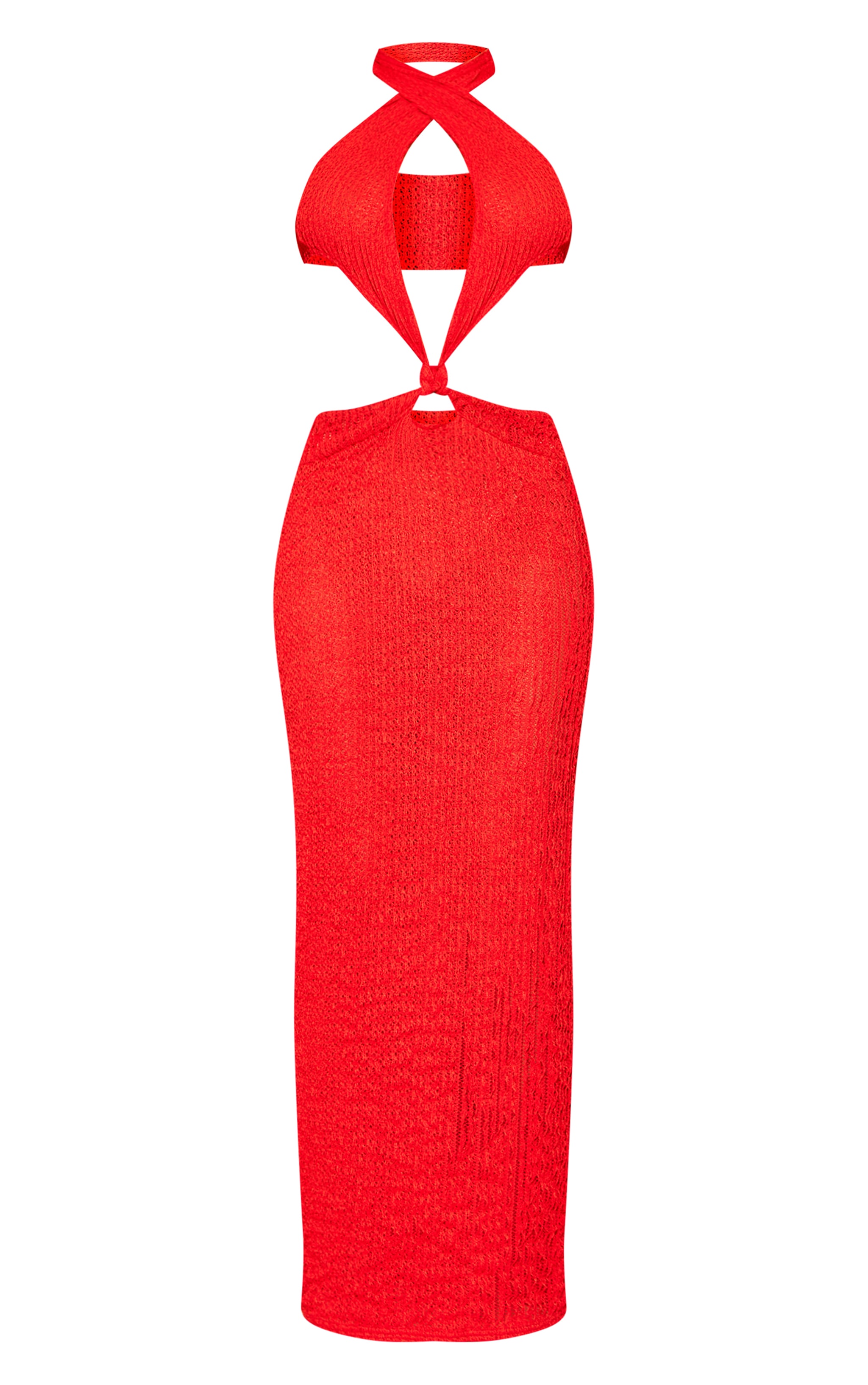 Tomato Red Textured Halterneck Cross Front Maxi Dress image 5