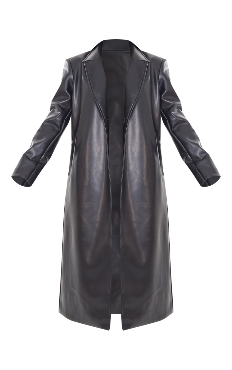 Black Shoulder Padded Faux Leather Longline Coat image 5