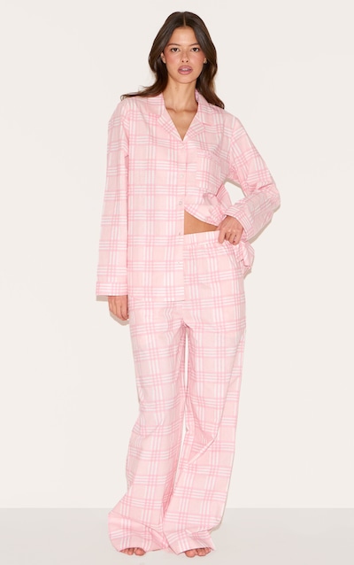PRETTYLITTLETHING Embroidered Pink Check Long Pj Set