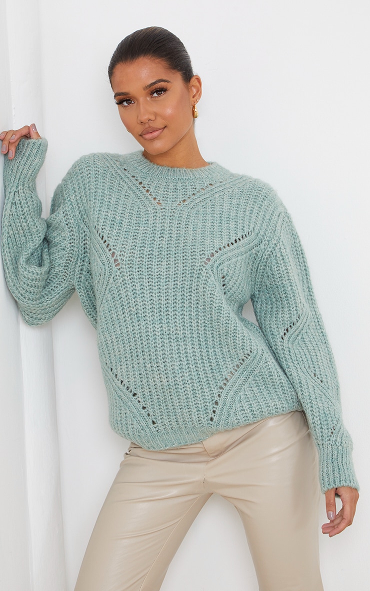Mint Cosy Knitted Pointelle Detail Crew Neck Sweater