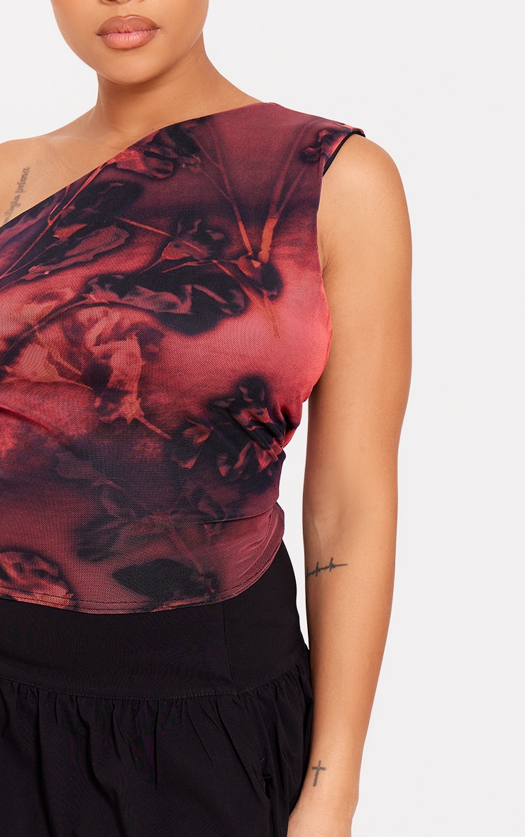 Plus Burgundy Paisley Print Asymmetric Mesh Top image 4
