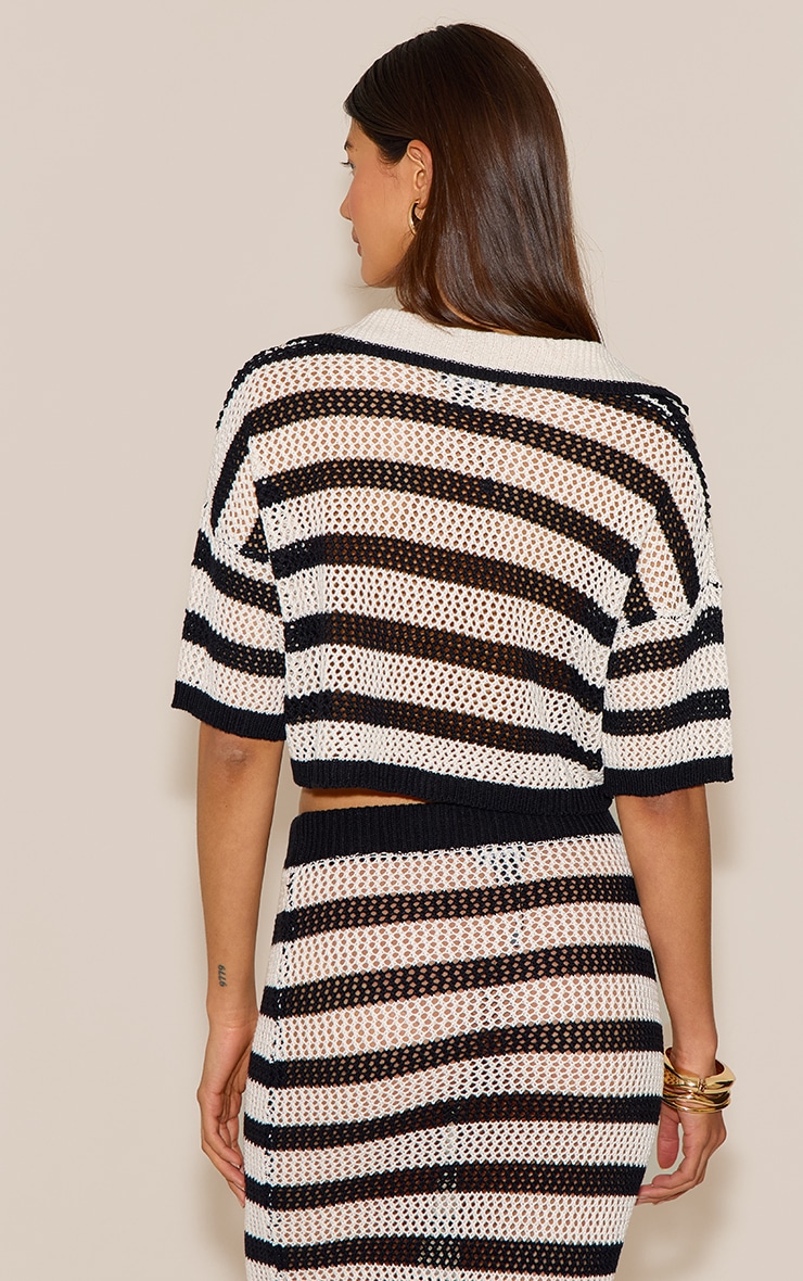 Monochrome Stripe Crochet Knit Tie Front Top image 2