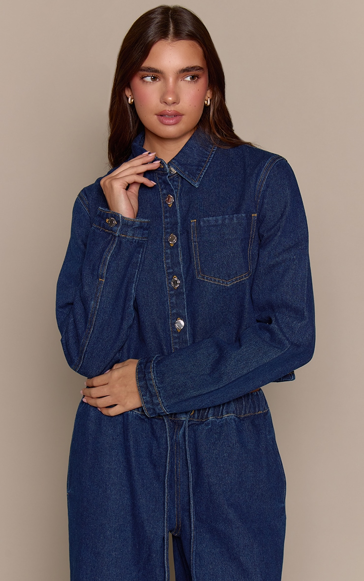 Indigo Raw Hem Cropped Style Denim Shirt image 1