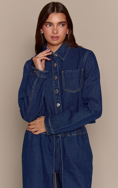 Indigo Raw Hem Cropped Style Denim Shirt