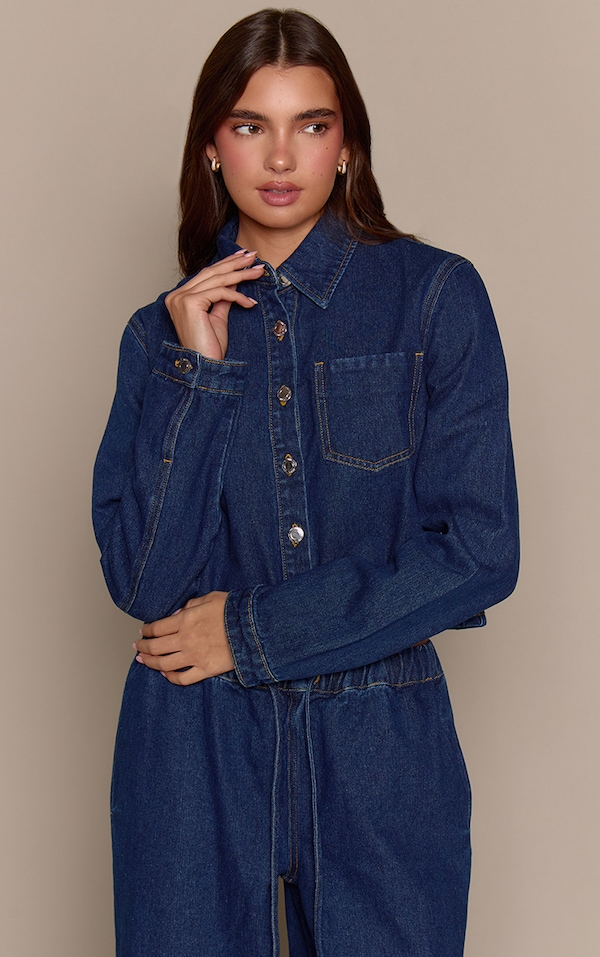 Indigo Raw Hem Cropped Style Denim Shirt