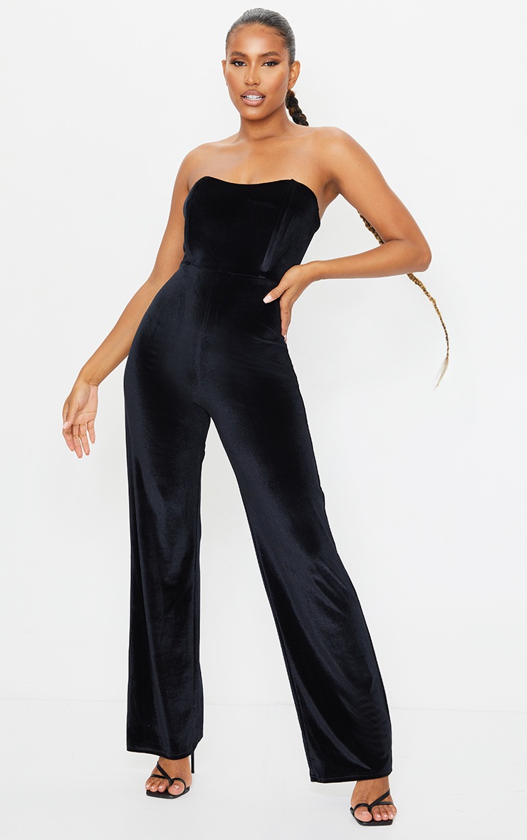 Black Boning Detail Velvet Bandeau Jumpsuit