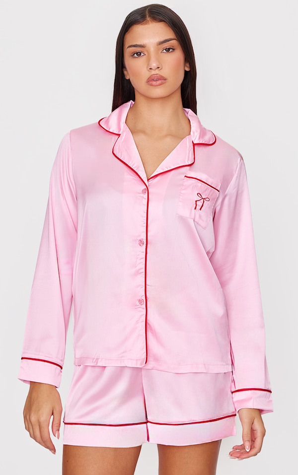Pink Satin Embroidered Bow Short Pj Set