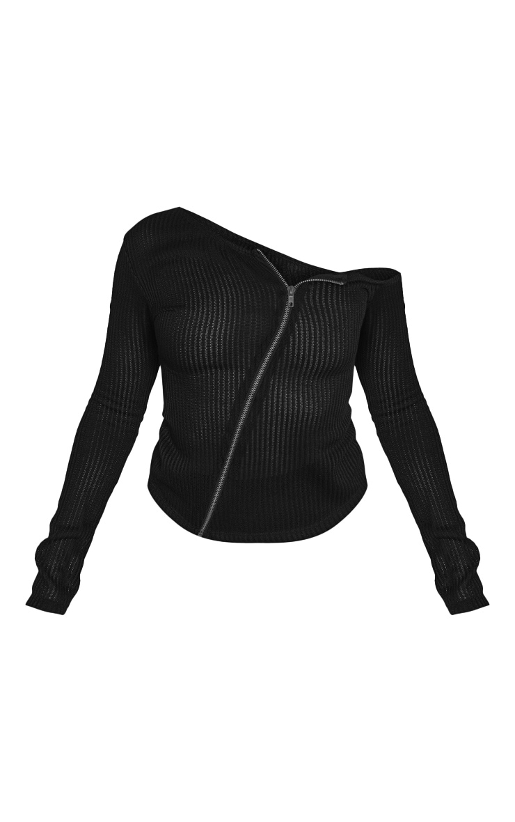 Black Sheer Soft Rib Long Sleeve Asymmetric Zip Long Top image 5