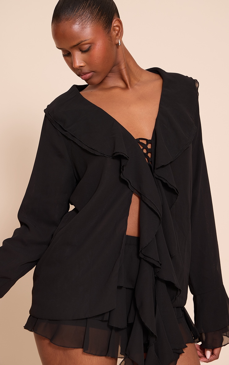 Black Chiffon Frill Plunge Long Sleeve Top image 4