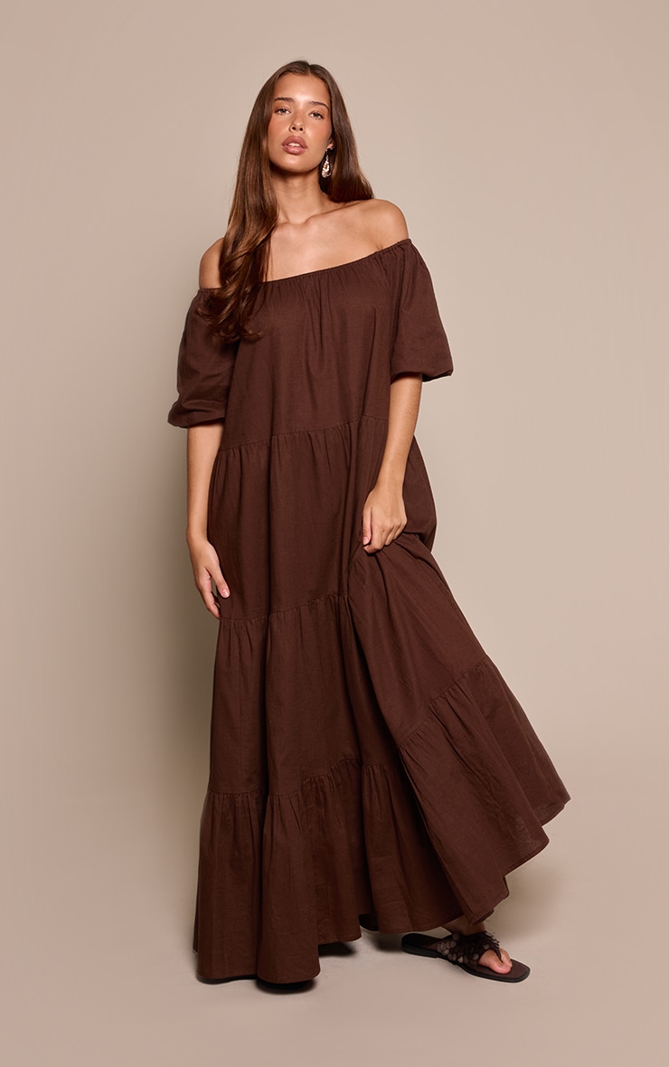 Chocolate Linen Look Bardot Tiered Maxi Dress