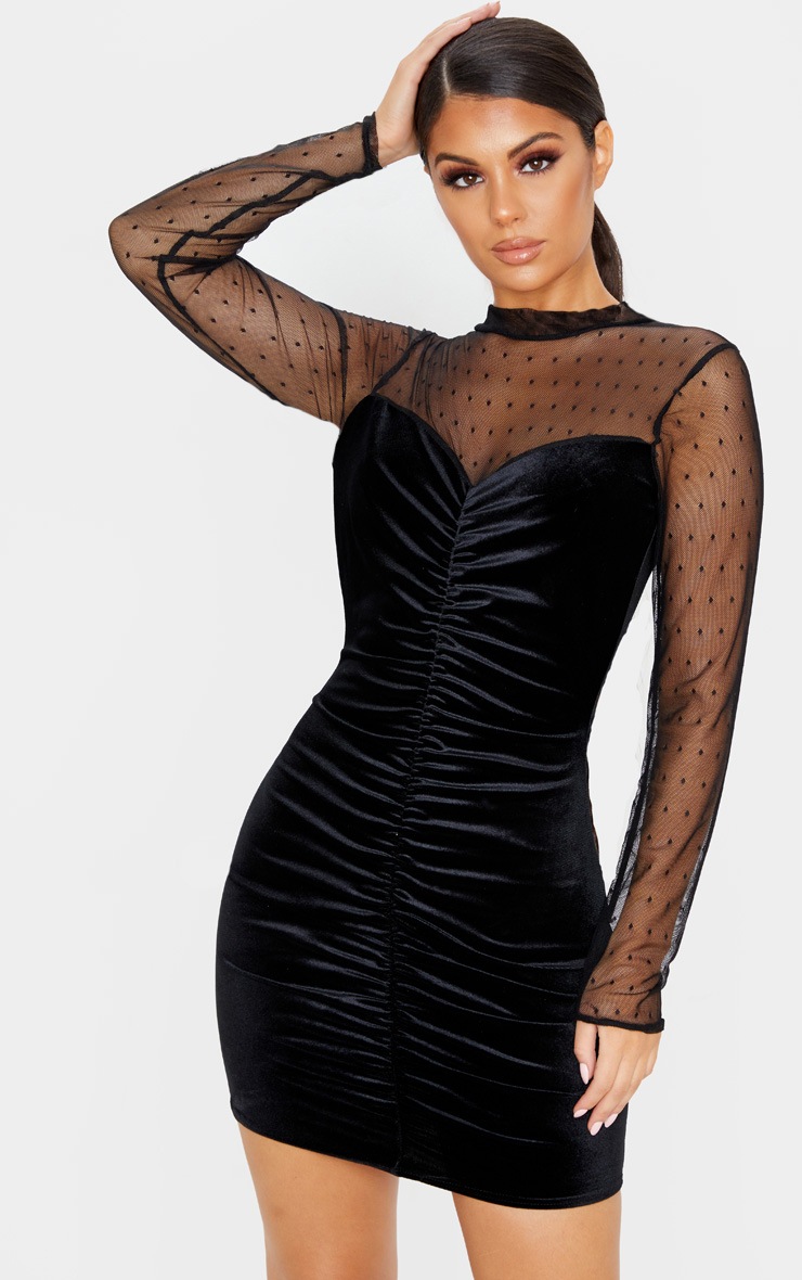 Robe moulante en velours noir à manches longues en mesh à pois