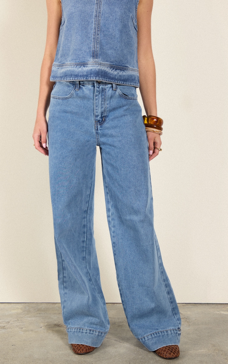 Mid Blue Wash Seam Detail Wide Leg Jeans image 2