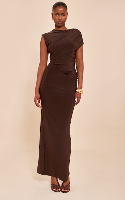 Robe longue moulante doublée chocolat à épaule drapée