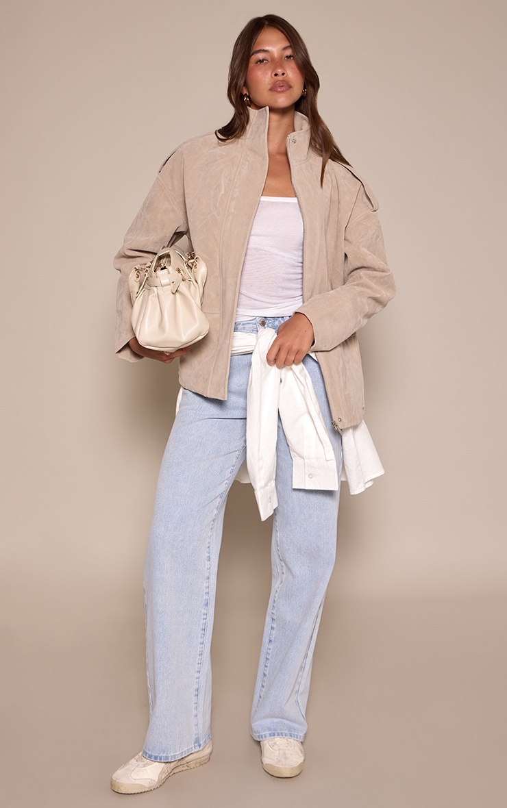 Stone Funnel Neck Concealed Placket Longline Suede Jacket image 3