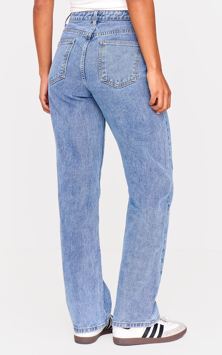 PRETTYLITTLETHING Mid Blue Wash High Waist Straight Leg Jeans image 3