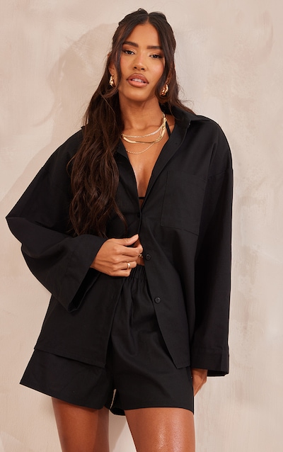 Black Woven Balloon Sleeve Oversized Shirt