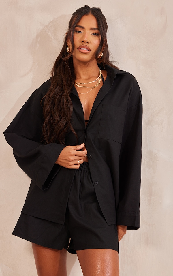 Black Woven Balloon Sleeve Oversized Shirt