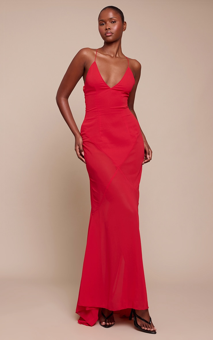 Robe longue en mousseline de soie rouge à col en V image 1