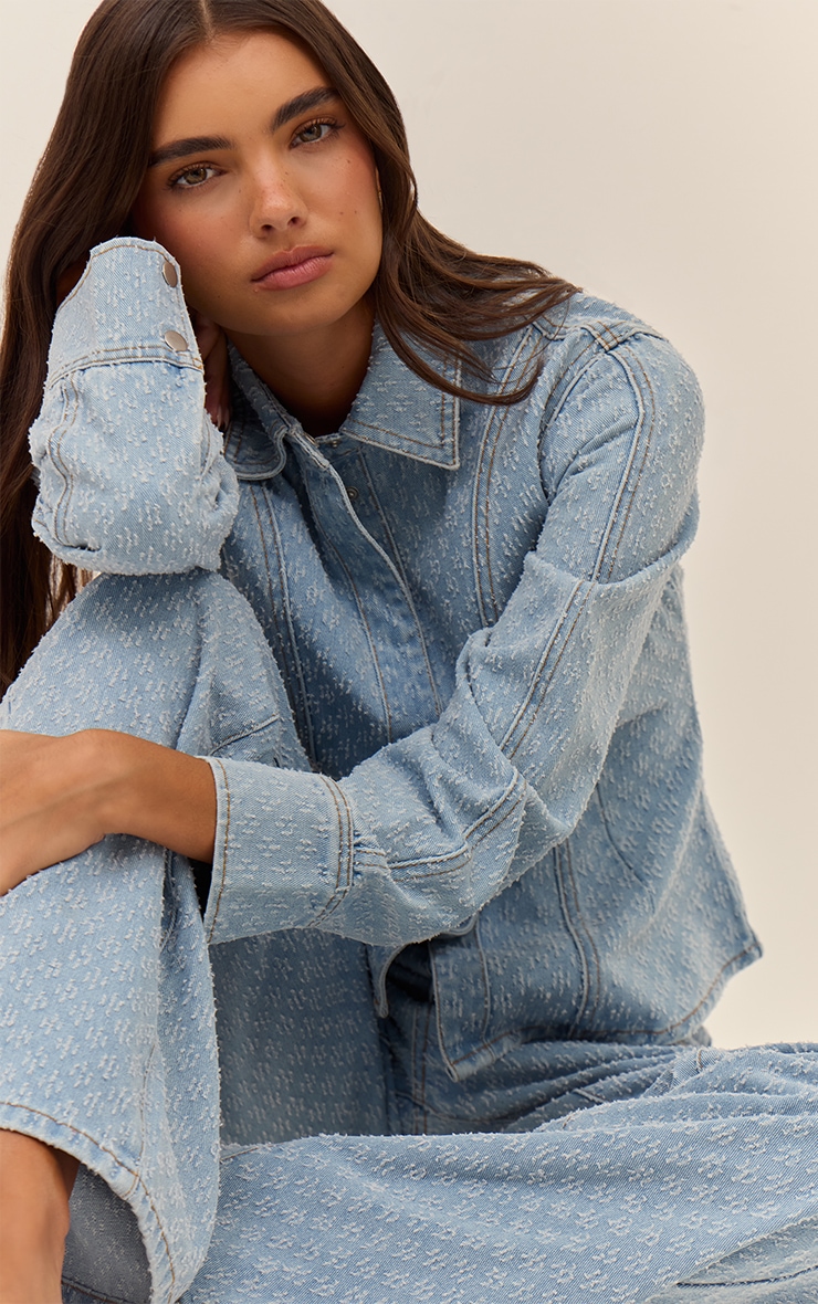 Light Blue Boucle Denim Balloon Sleeve Cinched Denim Shirt image 1