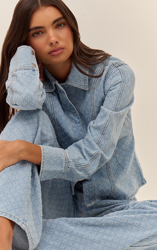 Light Blue Boucle Denim Balloon Sleeve Cinched Denim Shirt