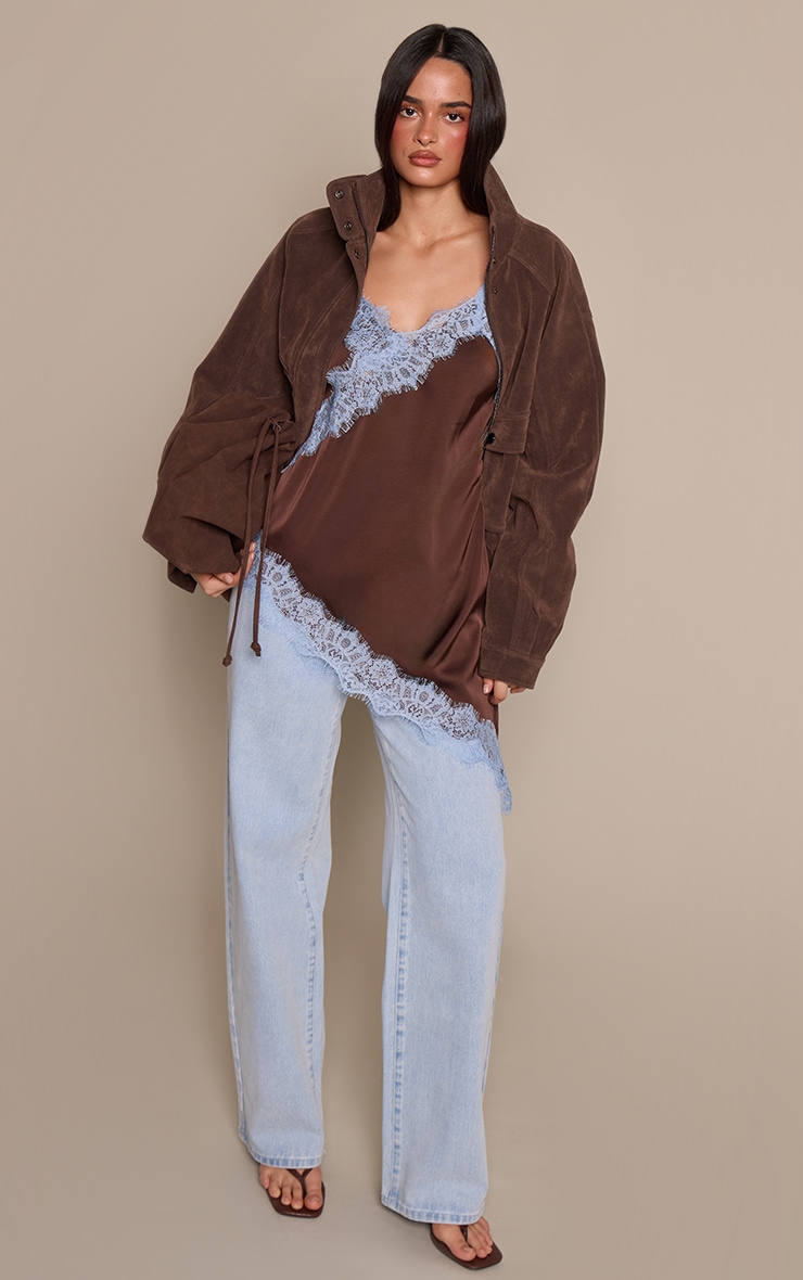 Chocolate Satin Contrast Lace Detail Asymmetric Long Top image 3