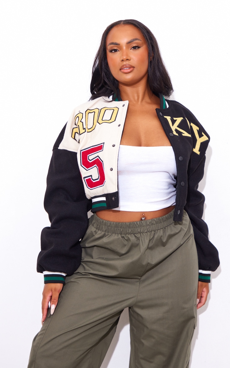 black wool look slogan front cropped bomber jacket