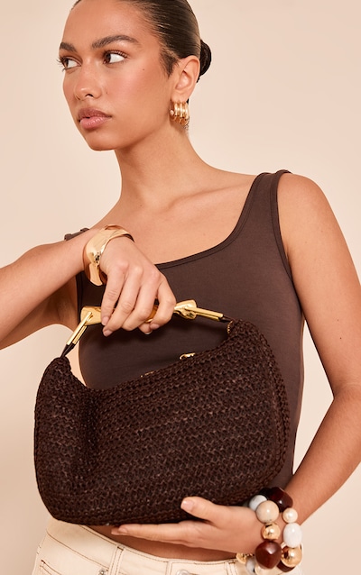 Sac à main en raphia tressé chocolat à anse abstraite