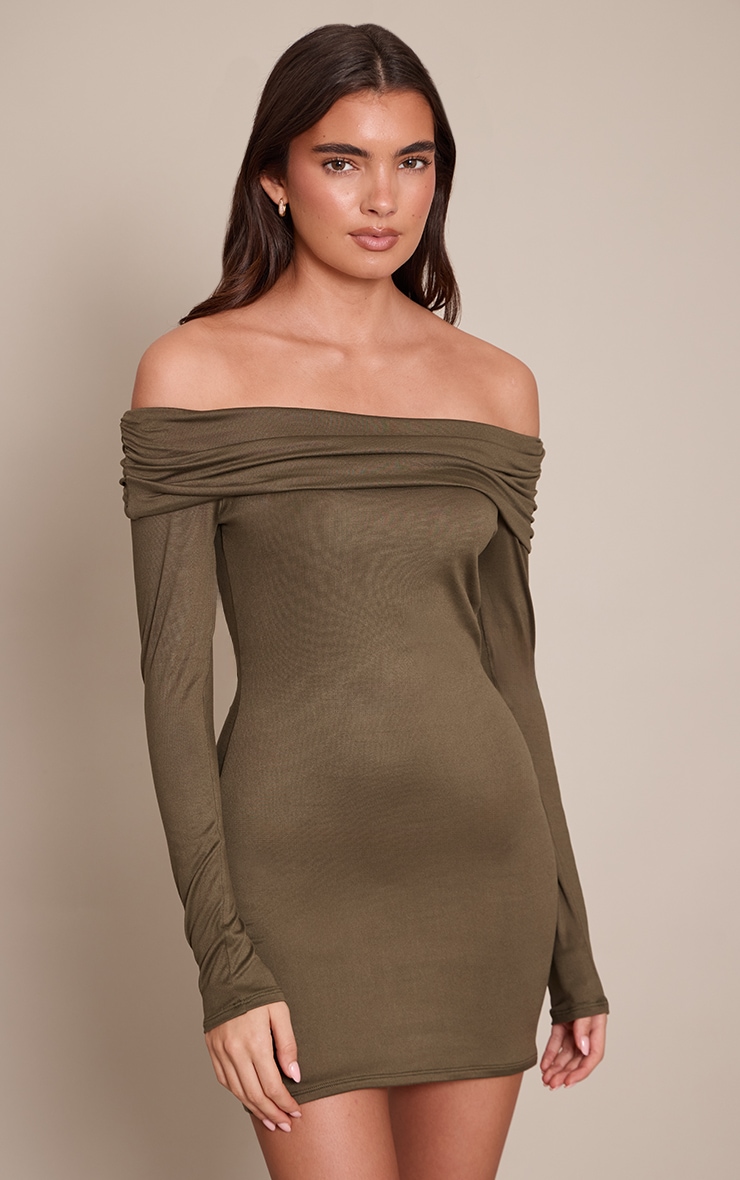 Khaki Soft Touch Jersey Bardot Bodycon Dress image 1