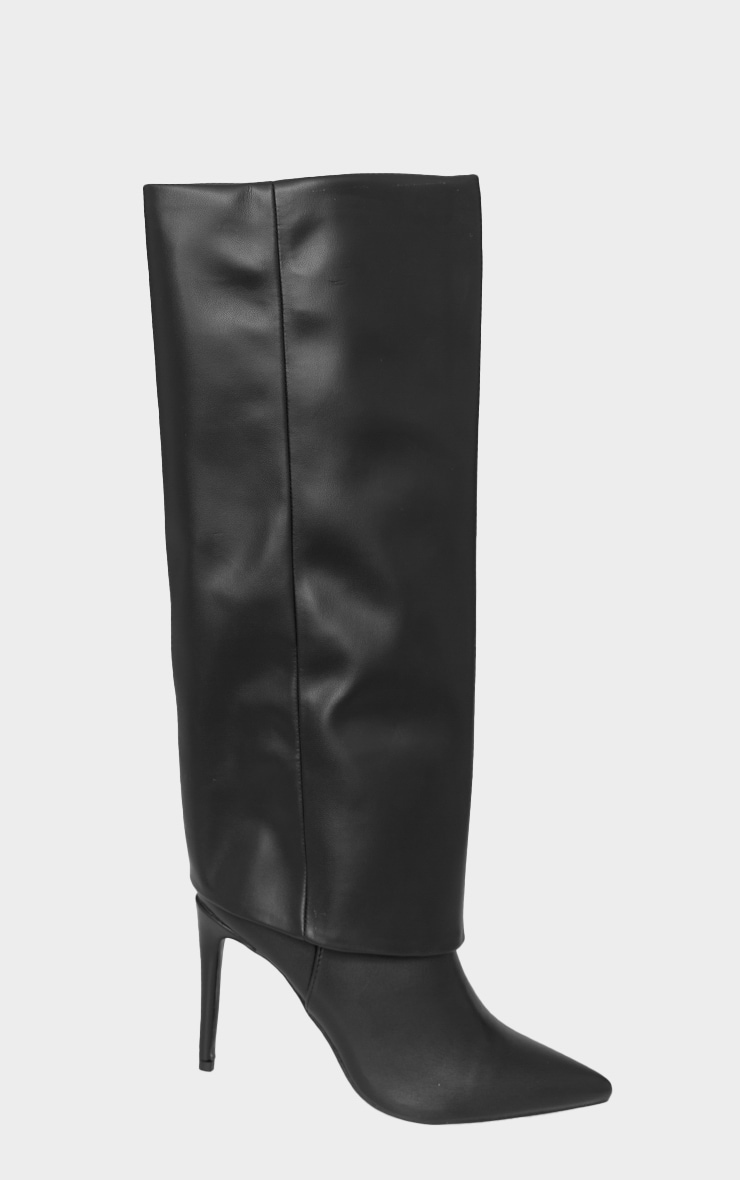 Black PU Point Toe Fold Over High Heeled Calf High Boots image 3