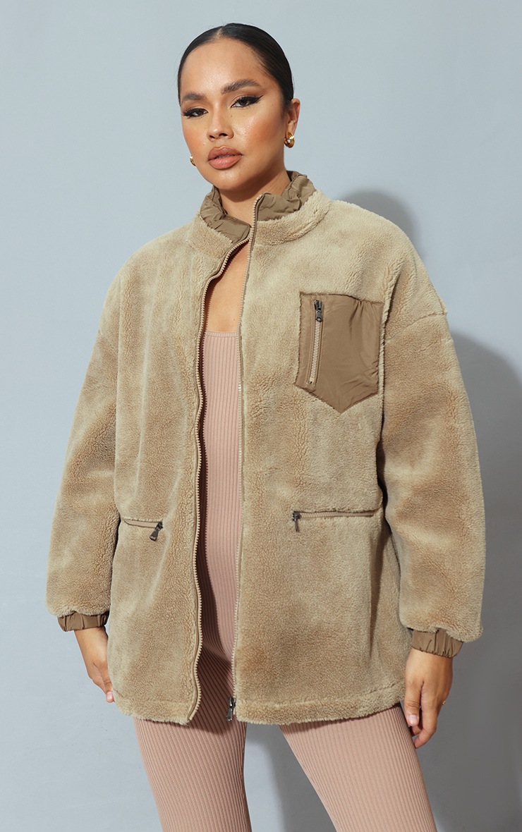 Veste en polaire gris pierre à nylon contrastant détail poches 1
