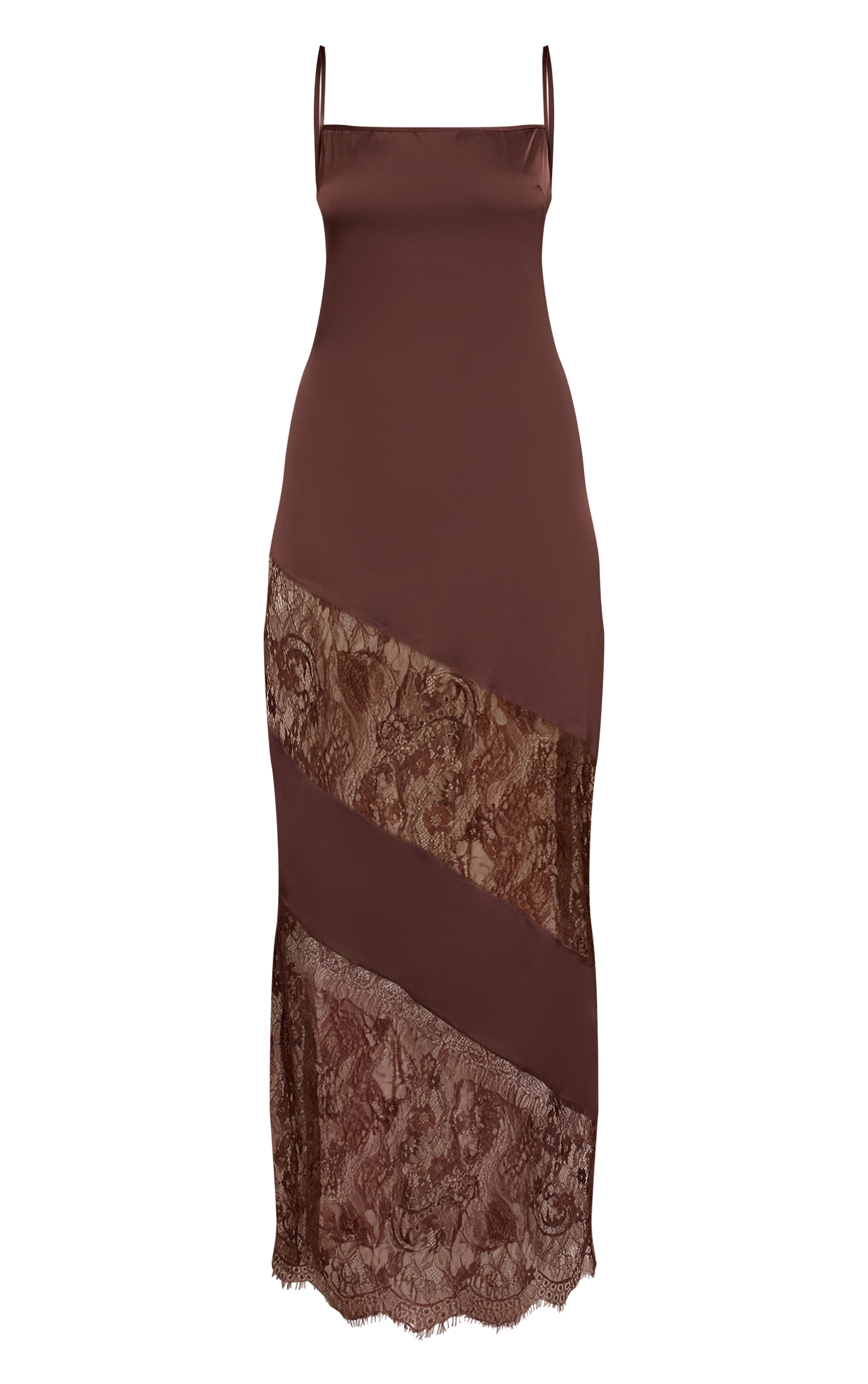 Robe longue chocolat à bretelles fines et empiècements en dentelle image 5