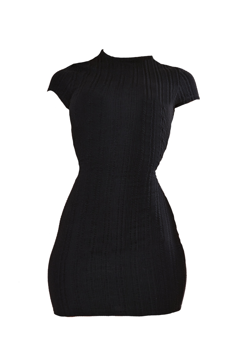 Black Textured Rib Cap Sleeve Bodycon Dress image 5