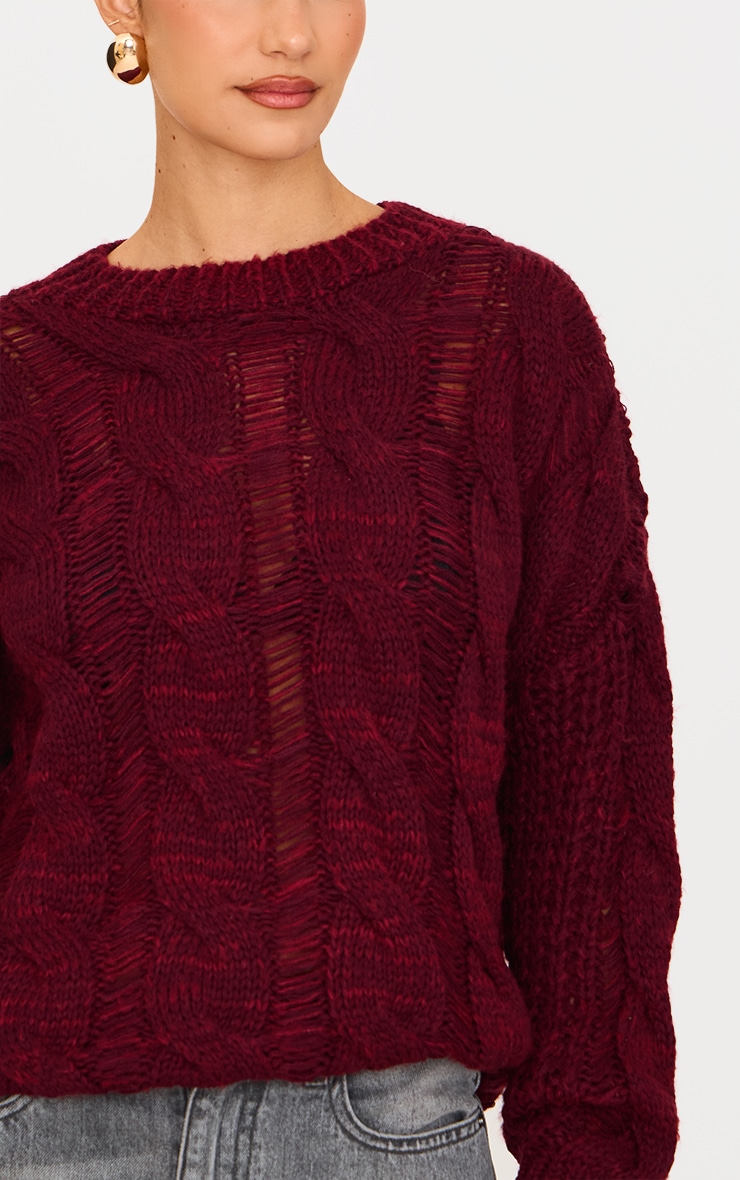 Burgundy Marl Knit Distressed Detail Chunky Cable Sweater image 4