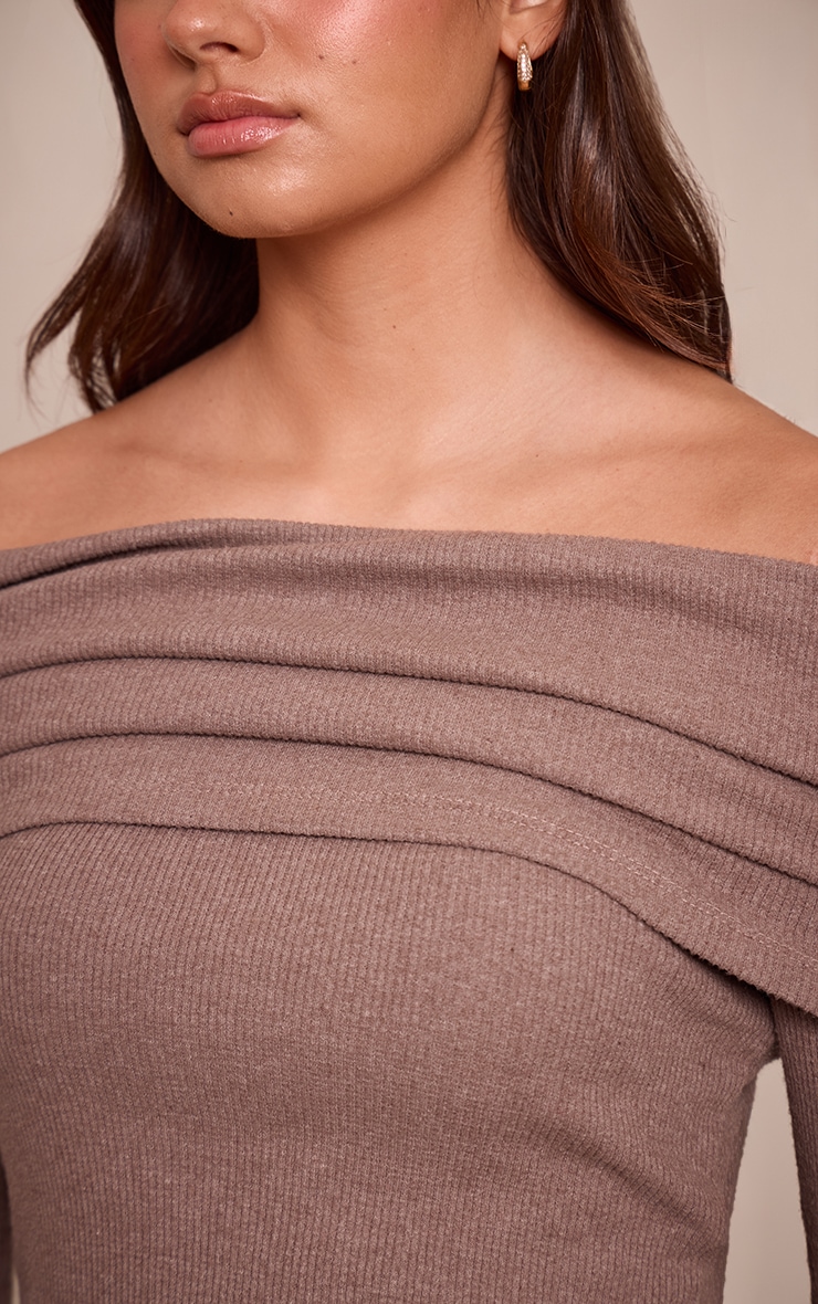 Taupe Thick Brushed Rib Extreme Foldover Bardot Detail Long Sleeve Top image 4