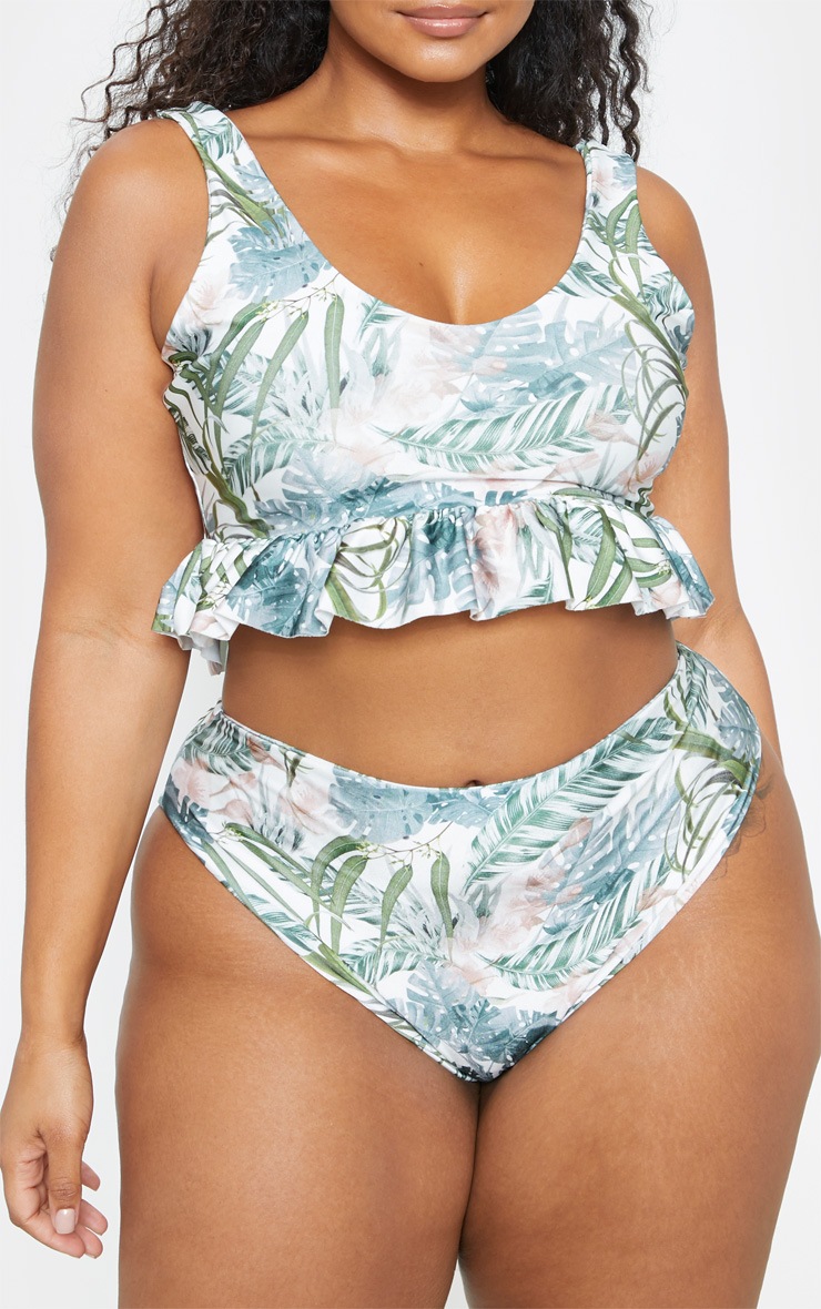 Plus Khaki Leaf Print Bikini Bottom