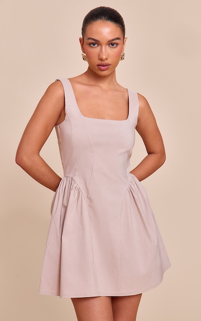 Robe Trapèze Stretch Tissée à Encolure Dégagée Couleur Pierre