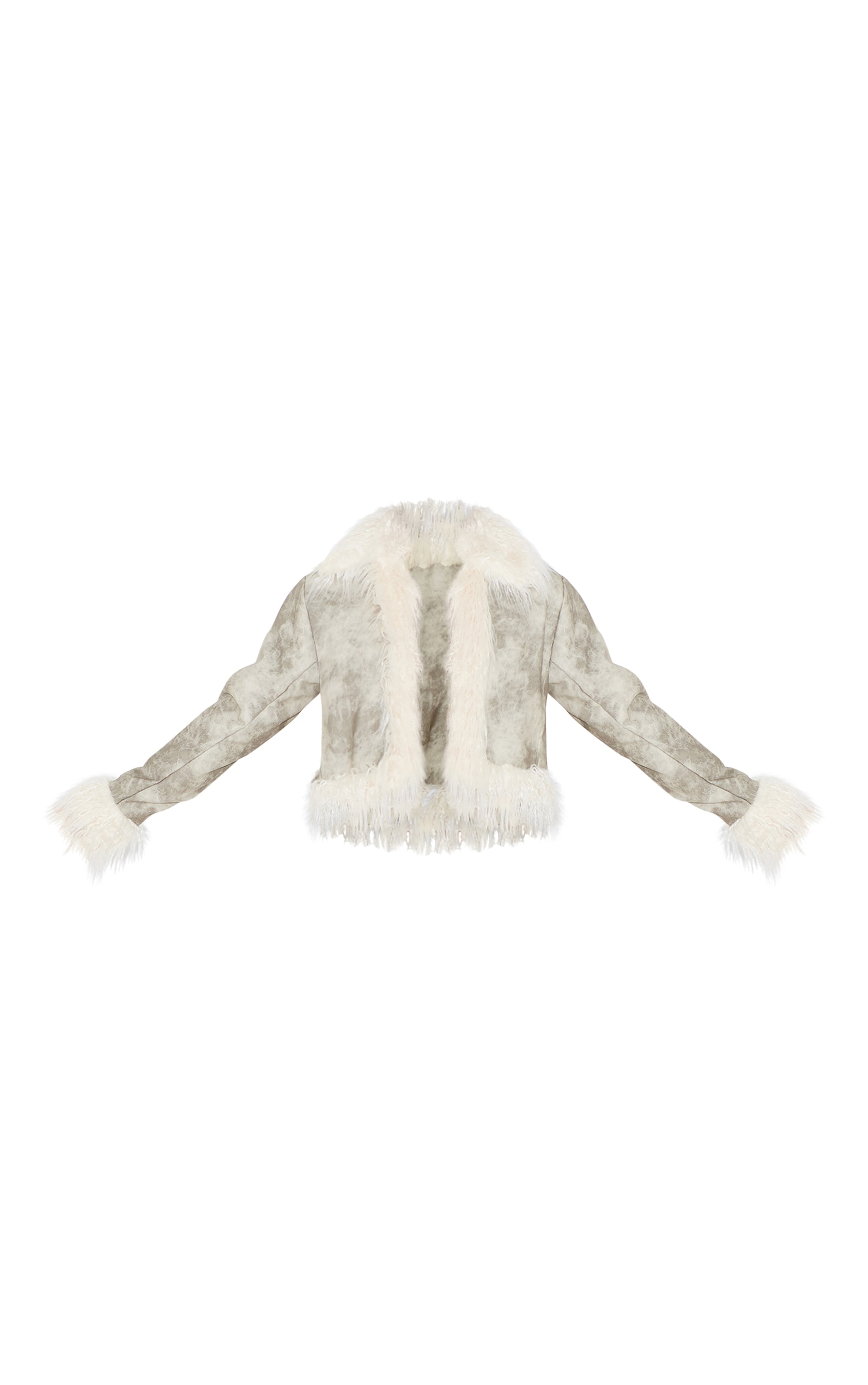 Grey Distressed PU Faux Fur Cuff And Collar Jacket image 5