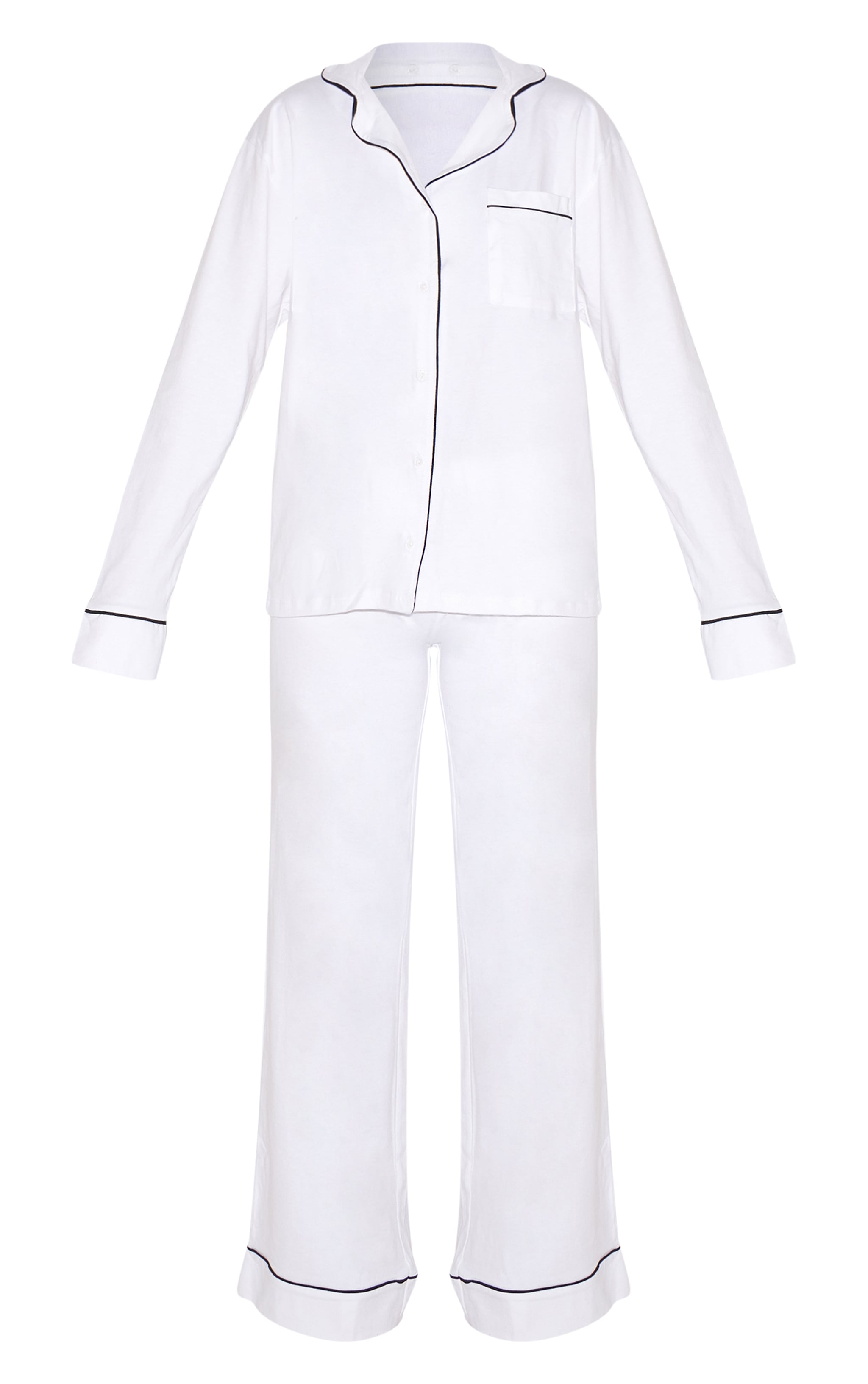 White Jersey Piping Detail Long PJ Set image 5