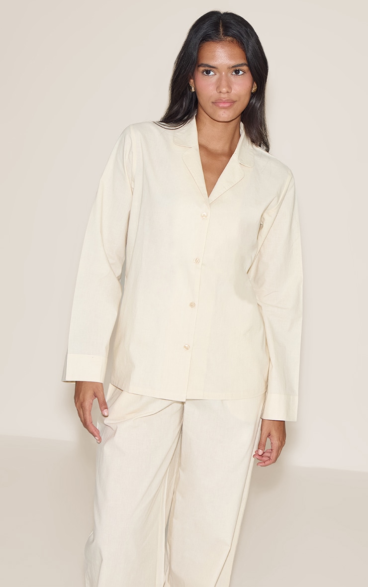 Butter Cream Cotton Poplin Revere Collar Long Pj Set image 1