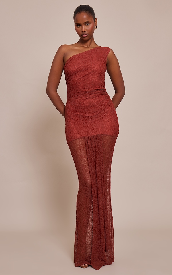 Rust Lace One Shoulder Maxi Dress