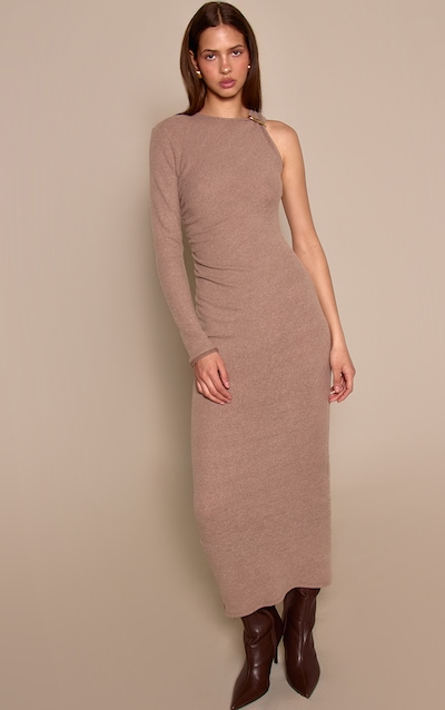 Taupe Brushed Rib Trim Detail Bodycon Dress