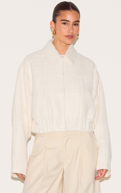 Cream Textured Zip Up Bomber Jacket