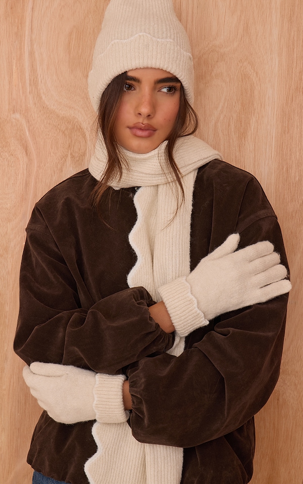 Gants avoine à bordure festonnée crème