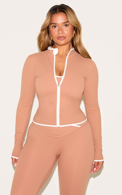 Shape Veste de sport café au lait à lisérés contrastants et zip