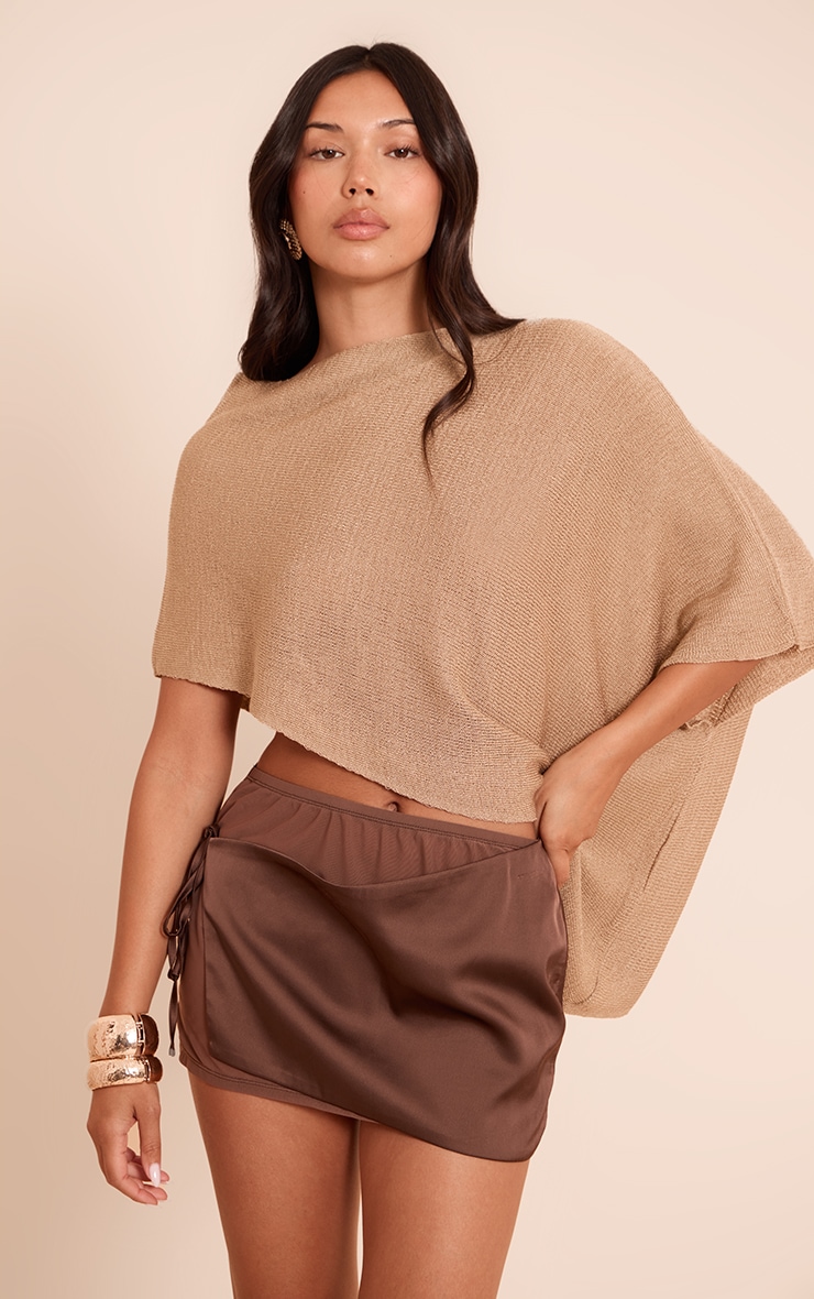 Chocolate Satin Wrap Mesh Mini Skirt image 4