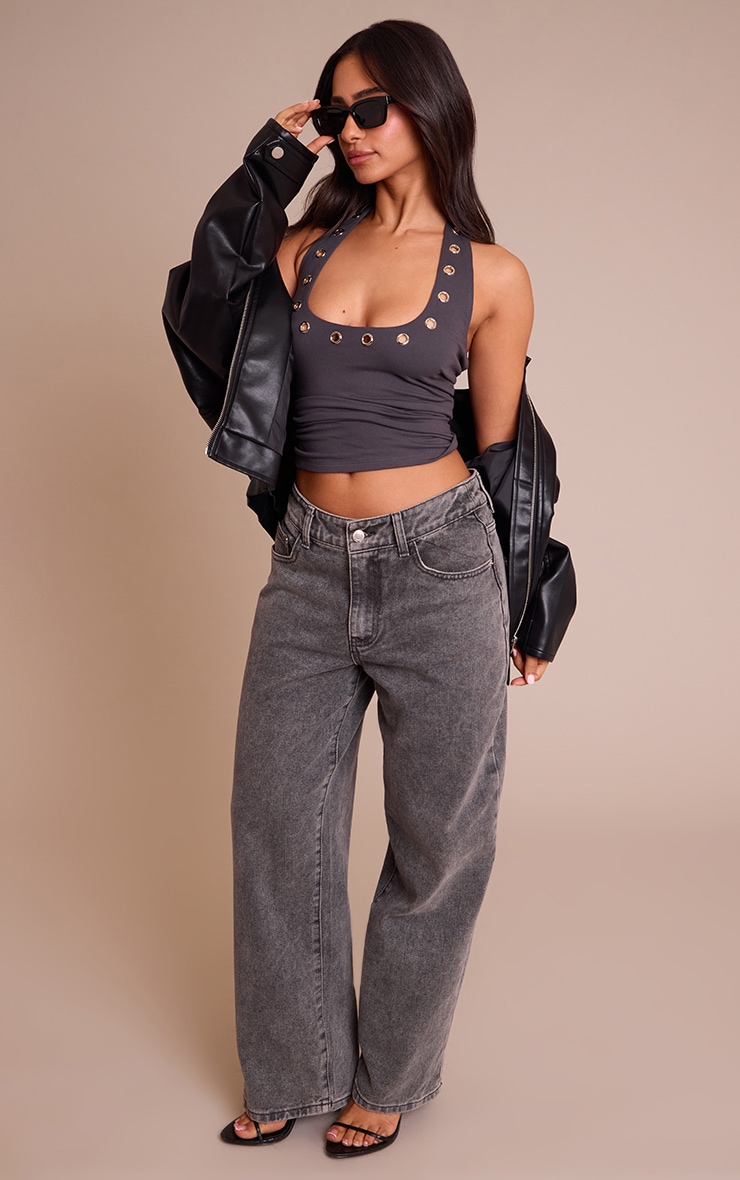 Petite Charcoal Halterneck Eyelet Detail Long Top image 3