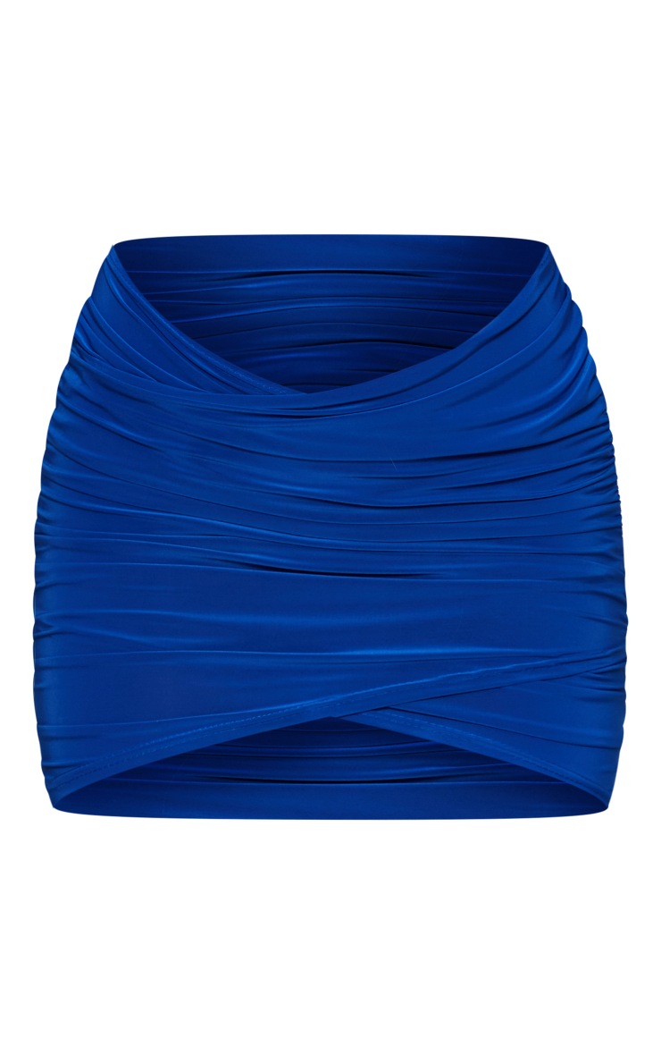 Bright Blue Slinky Ruched Wrap Over Mini Skirt image 6