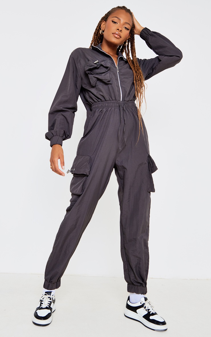 Charcoal Long Sleeve Pocket Toggle Detail Utility Jumpsuit image 5