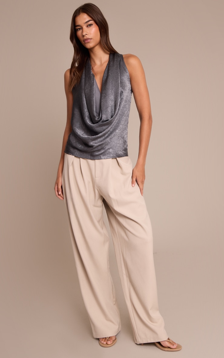 Charcoal Blue Textured Satin Cowl Neck Detail Long Top image 3