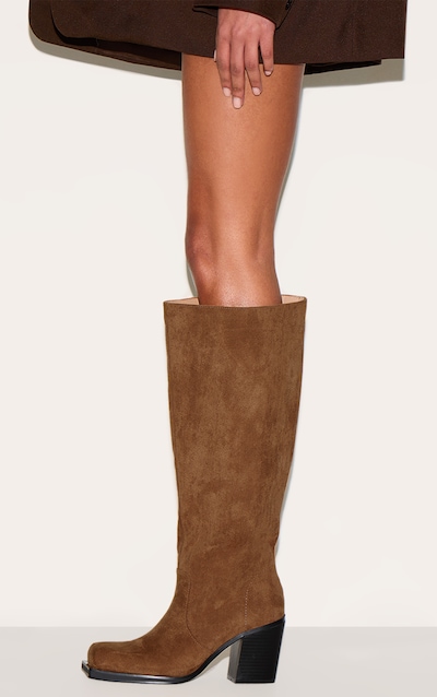 Tan Faux Suede Square Toe High Block Heel Knee High Boots